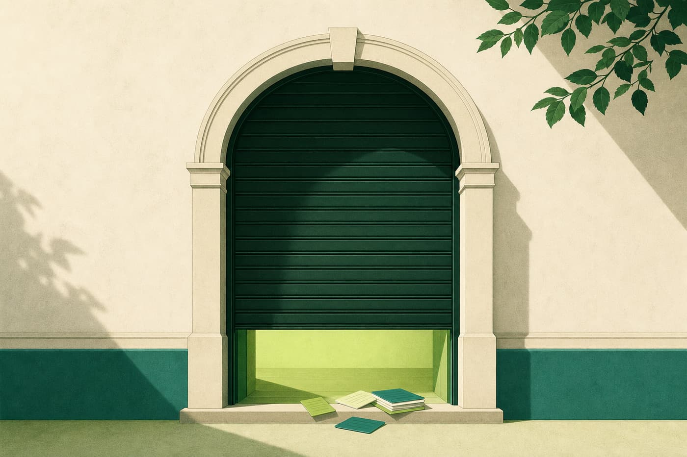 A half-lowered shutter over a cream gateway with green light still escaping beneath it and record cards left on the threshold.