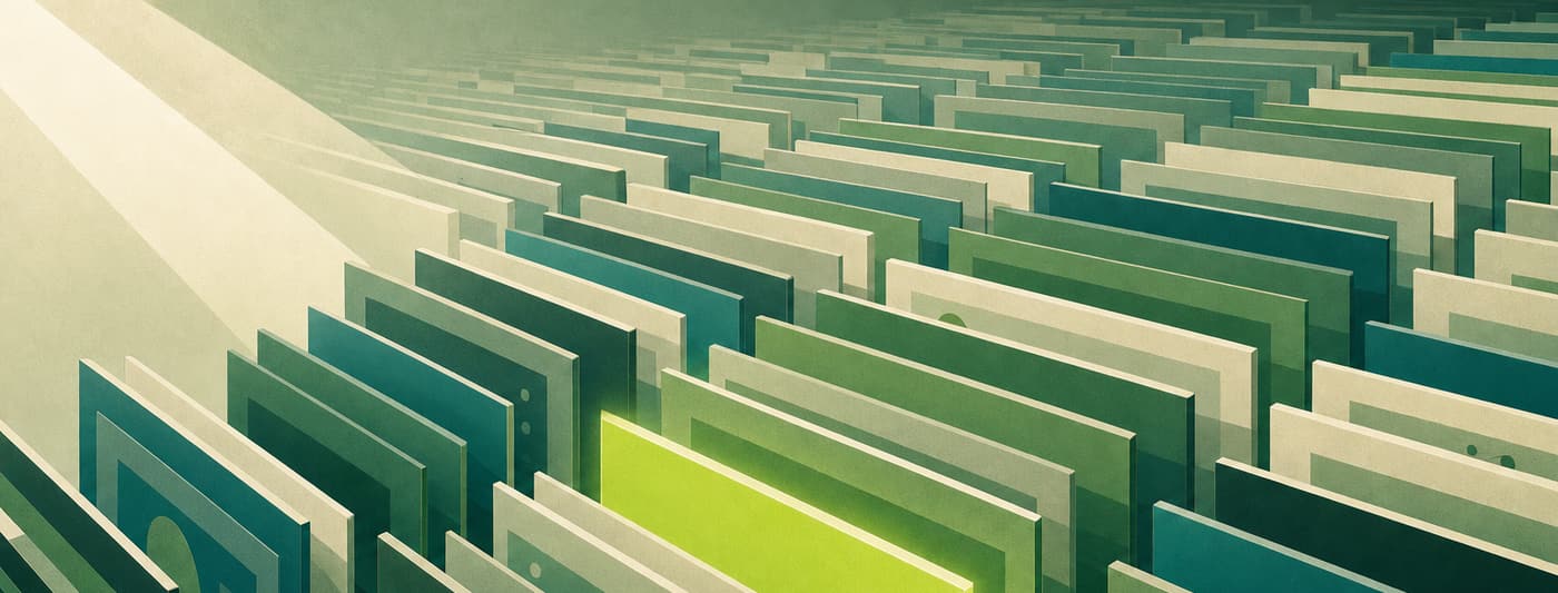Nested record cards receding into depth, one lit in green, standing for an ordered catalogue of website data.
