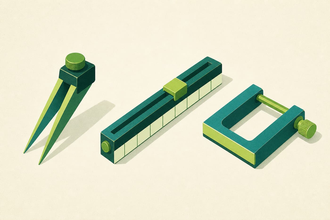 Three precision instruments laid in a row on a cream surface: a splitter wedge, a segmenting rule and a bracketed measure.